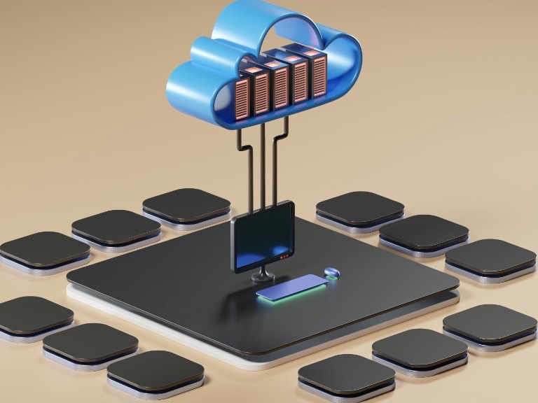 Stylised cloud connected to a workstation with server racks inside, representing off-site backup and restore capacity.