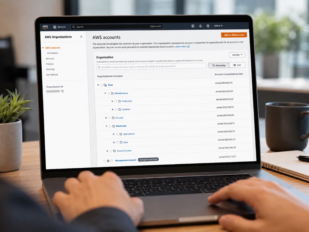Over-the-shoulder view of a laptop showing an AWS Organizations account hierarchy on a wooden desk.