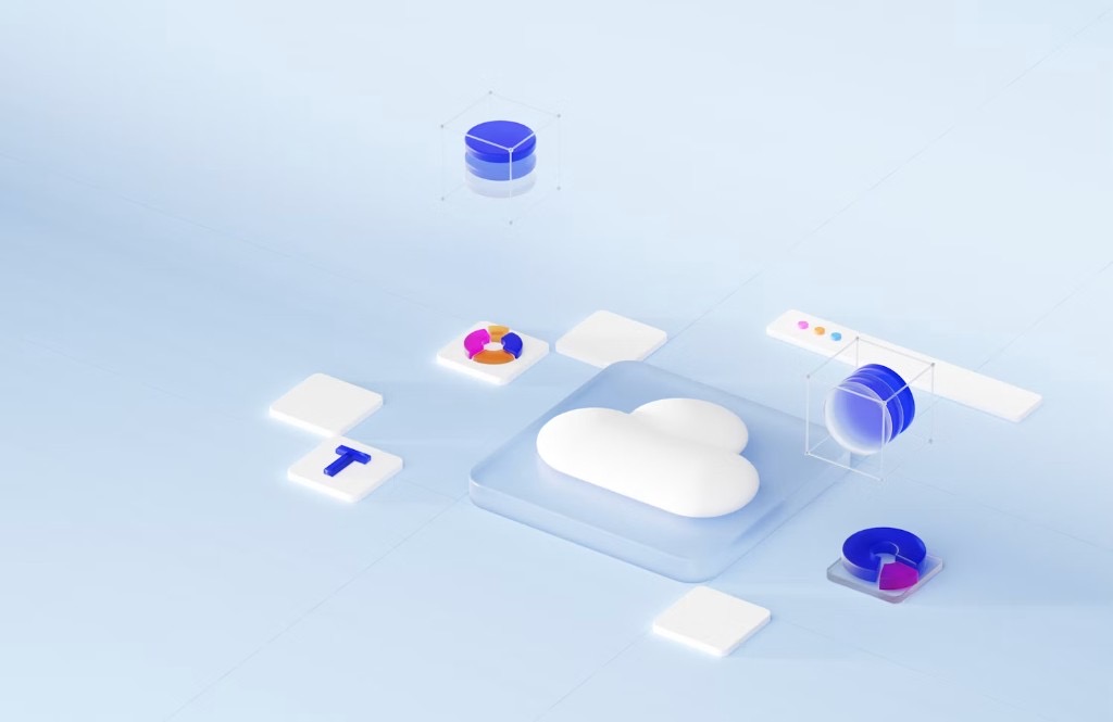 Isometric illustration of a cloud estate: configuration blocks, storage and charts organised around a central cloud.